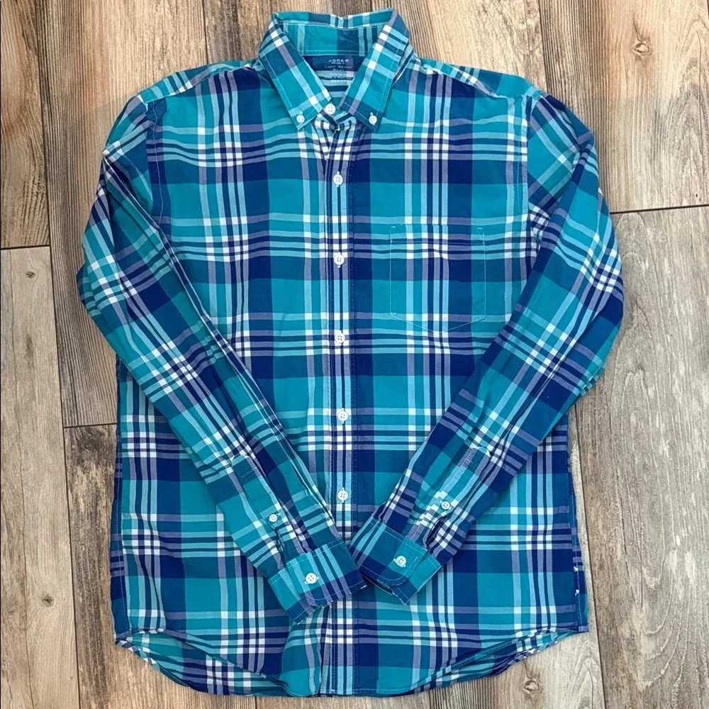 J. Crew Men's Teal and Navy Plaid Shirt Medium
